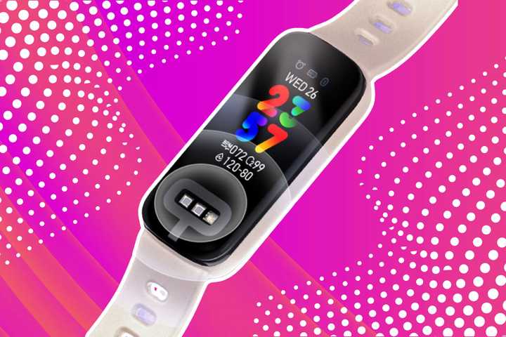 Asus smartwatch against a pink background. 