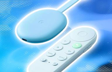 Chromecast with Google TV centered on a multi-colored blue background