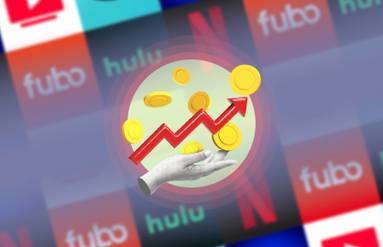A hand with an upward-pointing arrow, some coins, and several streaming service logos in the background.