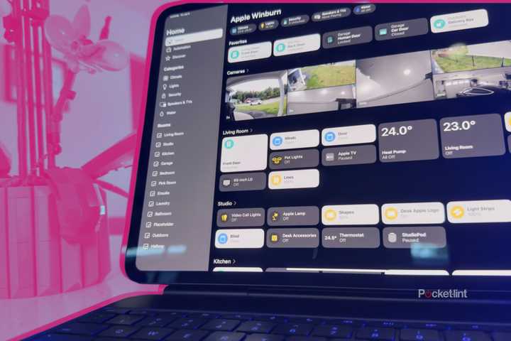 An iPad showing Home app on colored background