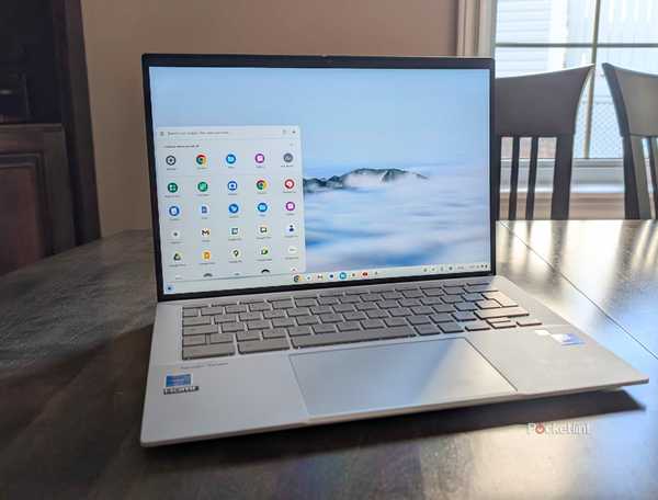 The Asus Chromebook Plus sitting on a table