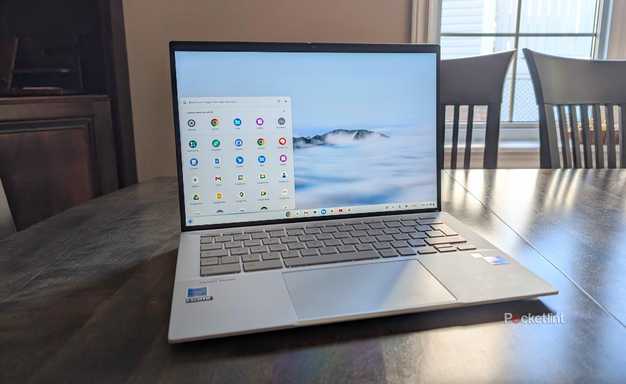 The Asus Chromebook Plus sitting on a table