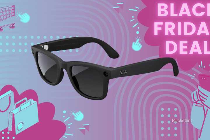 A pair of black Ray-Ban Meta Smart Glasses on a Black Friday Deal background.