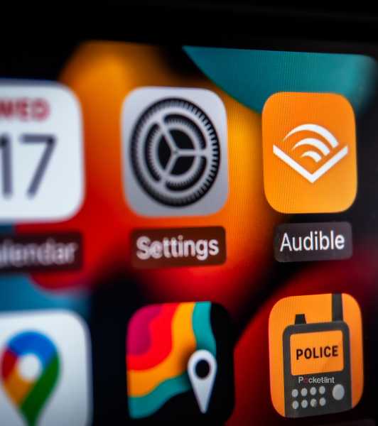 A still photo of the Apple CarPlay screen with the Audible app in focus. 