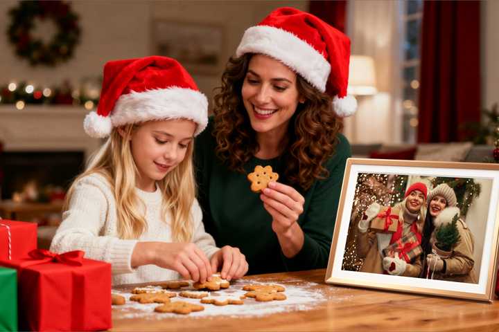 A mom and daughter in santa hats make cookies beside a photo frame
