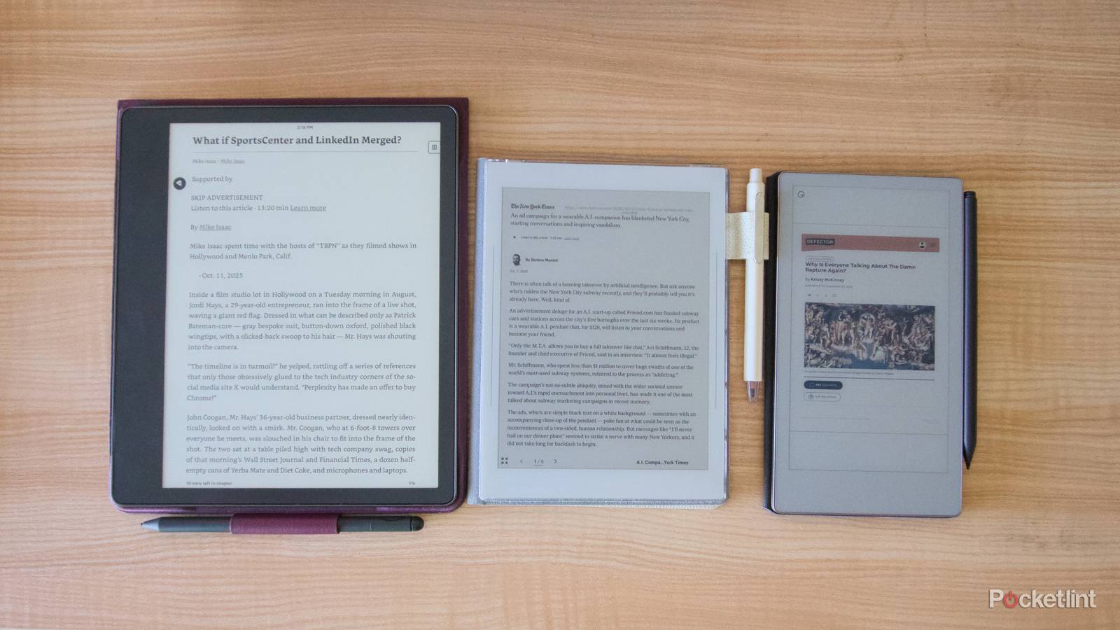 A Kindle Scribe, Supernote Nomad, and reMArkable Paper Pro Move displaying imported articles.
