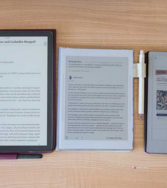 A Kindle Scribe, Supernote Nomad, and reMArkable Paper Pro Move displaying imported articles.