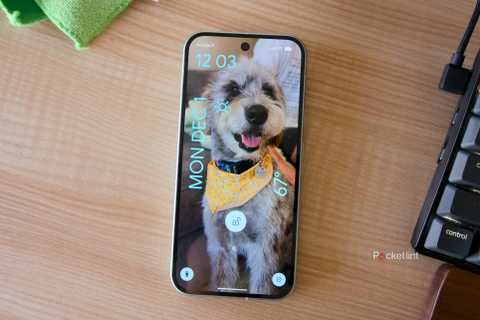 A Pixel 9 on a desk displaying a lockscreen with a picture of a dog.