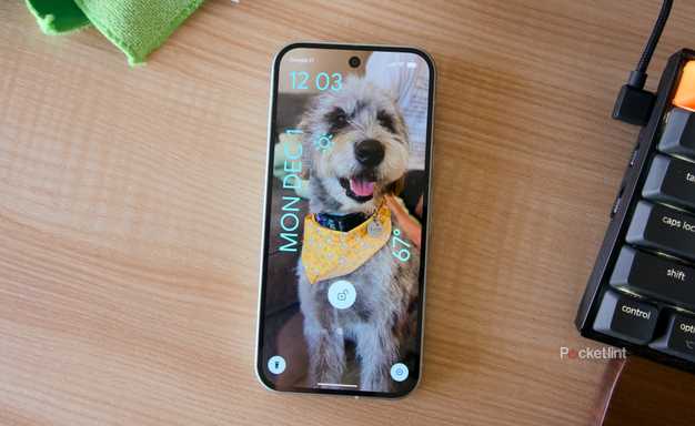 A Pixel 9 on a desk displaying a lockscreen with a picture of a dog.