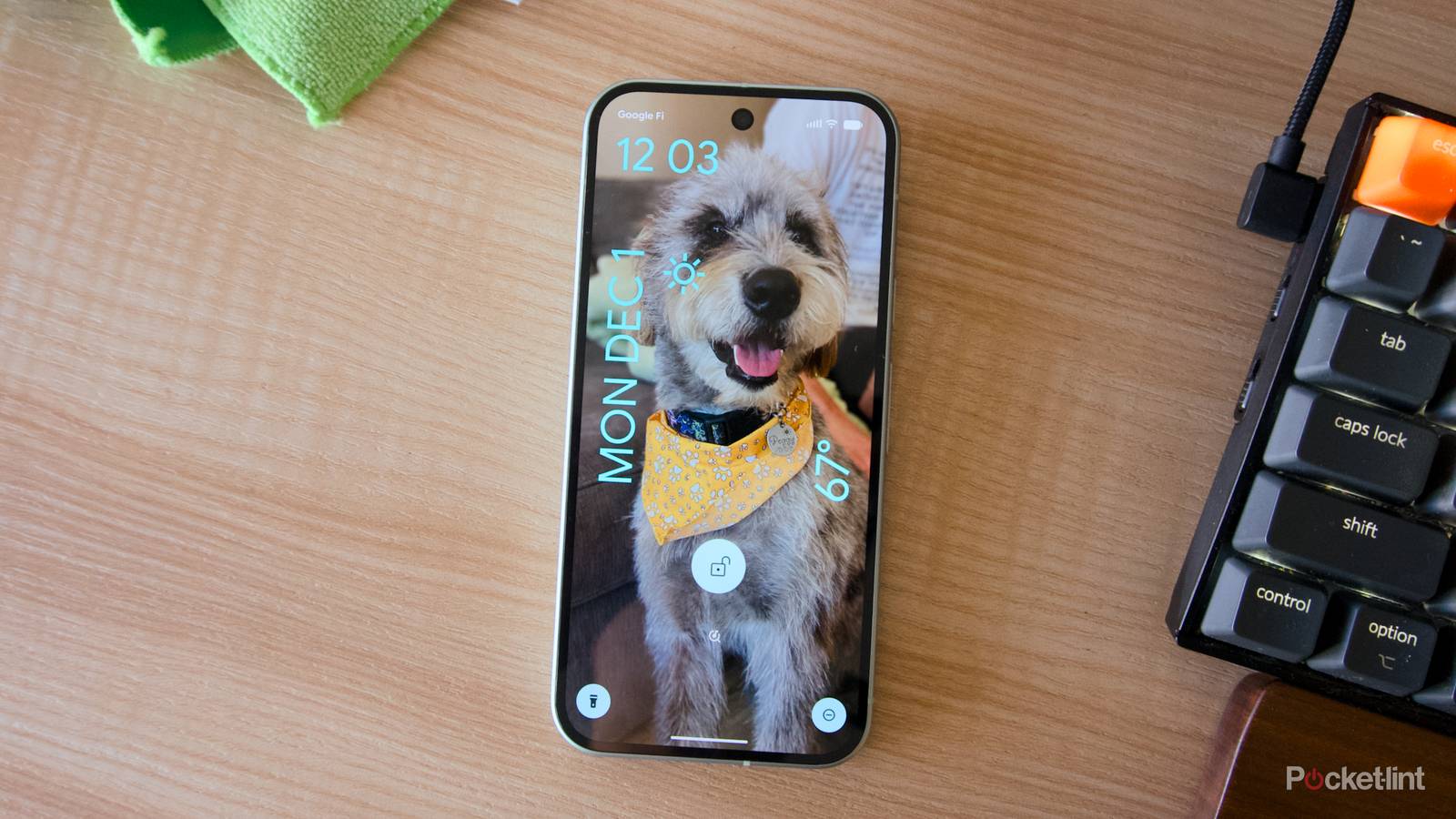 A Pixel 9 on a desk displaying a lockscreen with a picture of a dog.