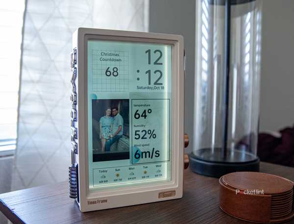 A still photo of the Divoom Times Frame on an end table.