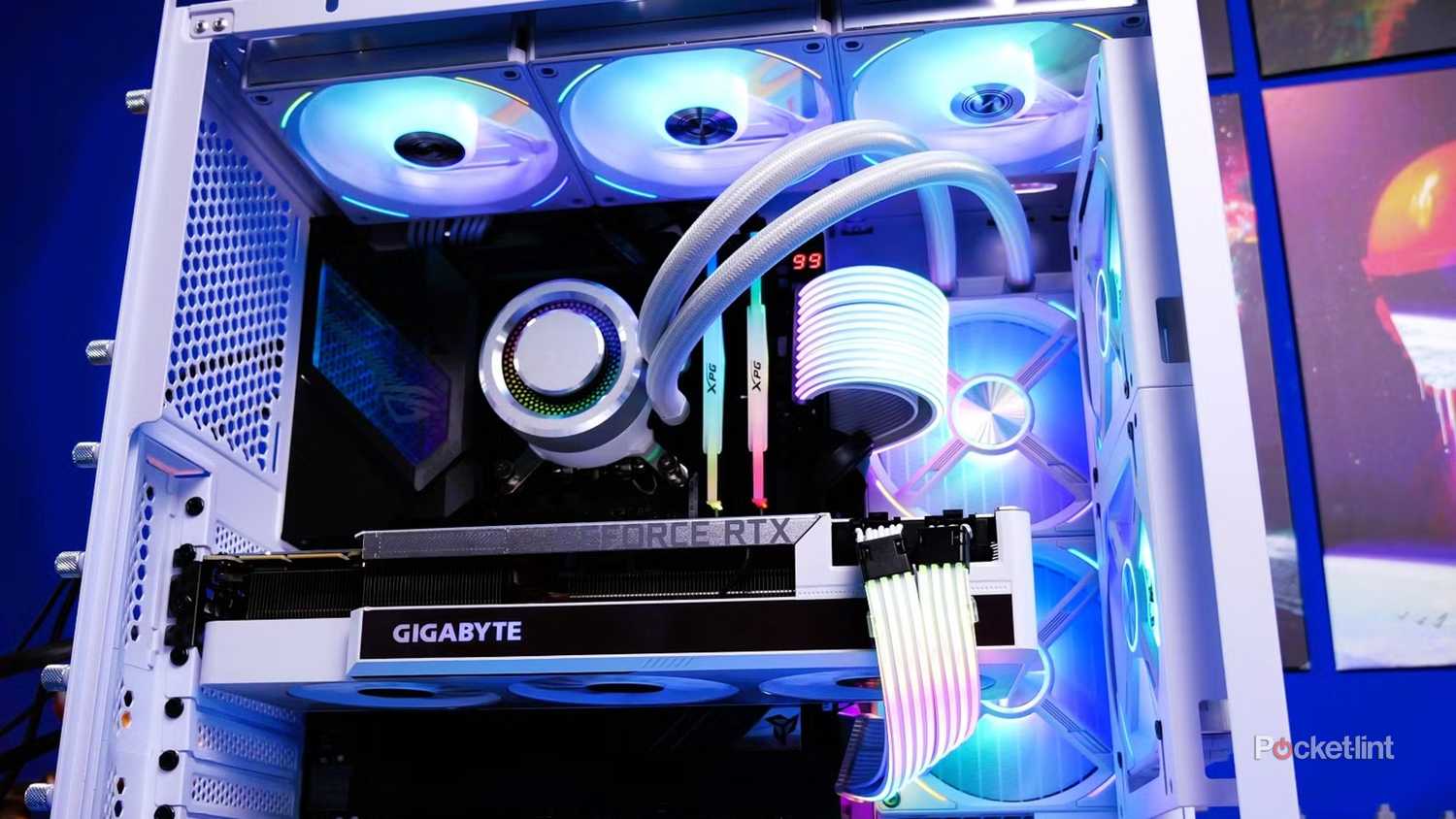 The inside of a desktop gaming PC with RGB lighting.