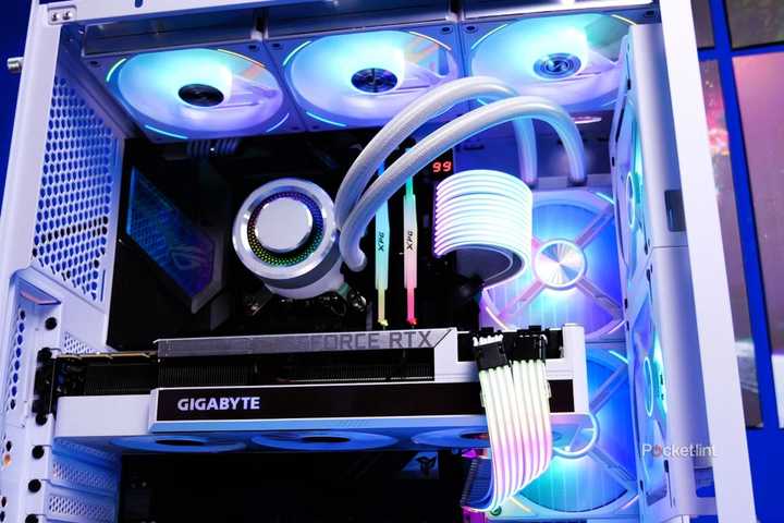 The inside of a desktop gaming PC with RGB lighting.