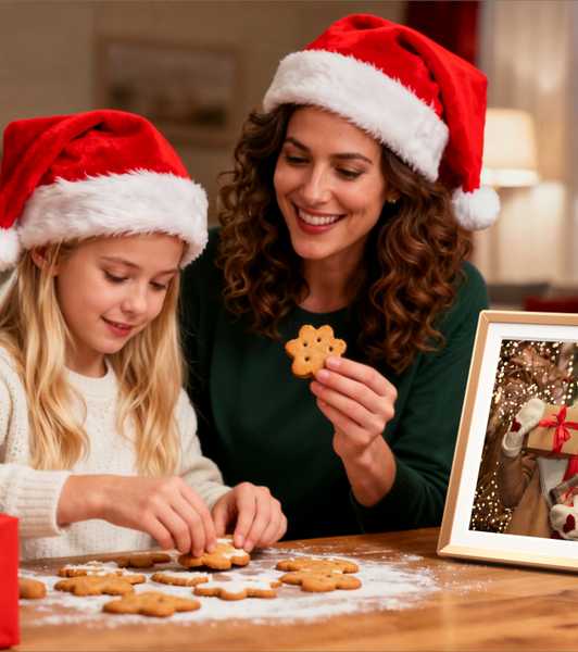 A mom and daughter in santa hats make cookies beside a photo frame