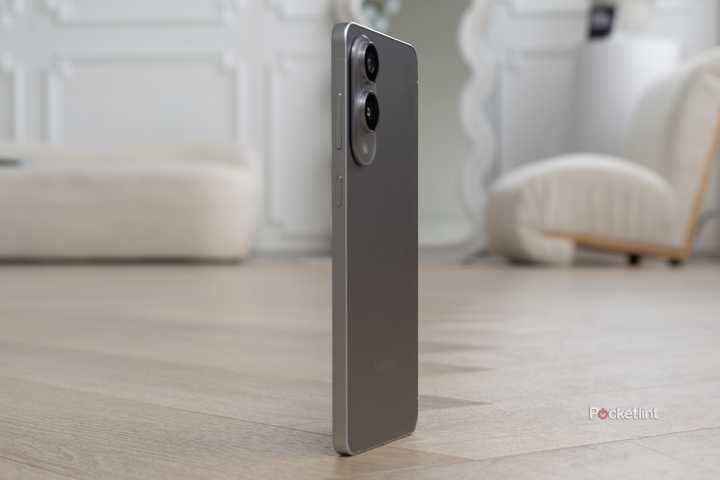 The Galaxy S25 Edge sitting on the floor on its edge