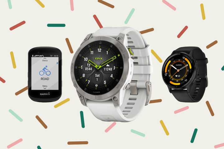 The Garmin Edge 530, epix Gen 2, and Vivoactive 5 are placed against a cream background with colorful sprinkles. 