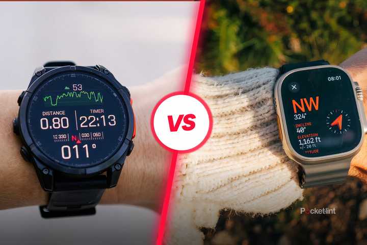 A round Garmin Fenix 8 watch next to a square Apple Watch Ultra 2