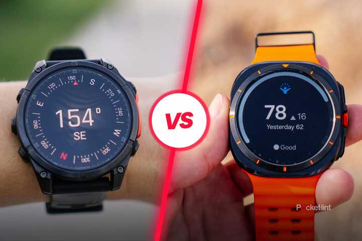 A circular Garmin smartwatch next to a square Samsung Galaxy Watch.