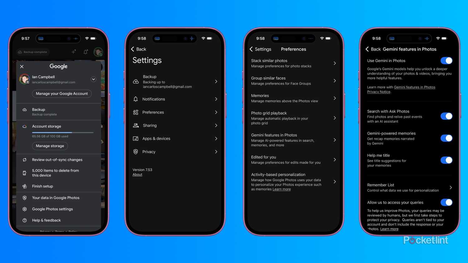 Four screenshots of Google Photos' AI settings.