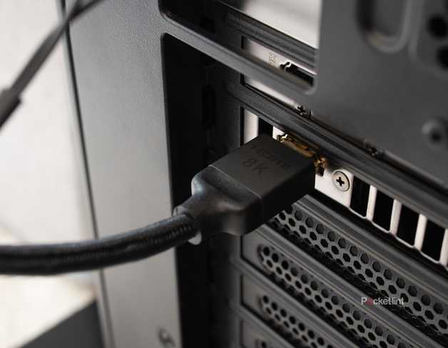 A HDMI 2.1 cable plugged into a PC