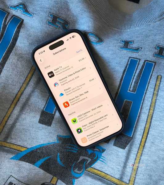 An iPhone 16 Pro showing an Apple Subscriptions page. 