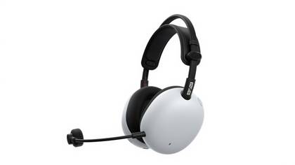 A white wireless headset viewed from the side.