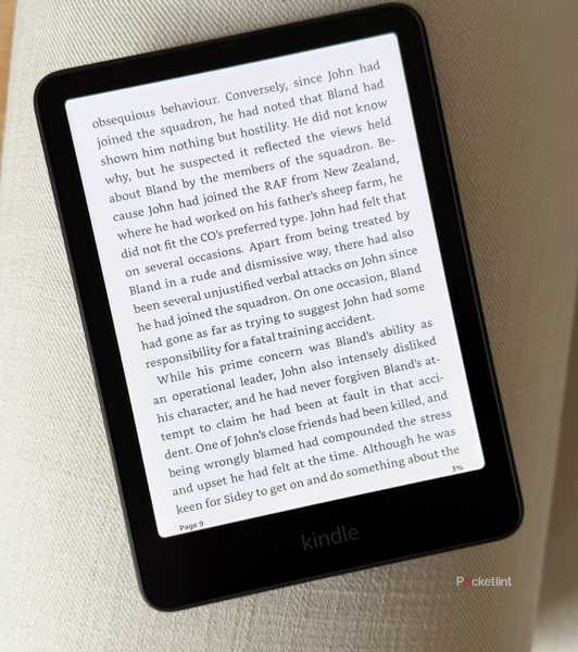 Kindle Colorsoft sitting on armchair.