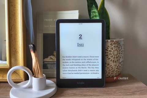 A Kindle Paperwhite in front of burning wood. 