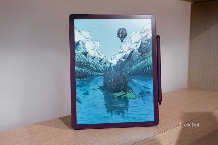 A purple Kindle Scribe Colorsoft on a shelf.