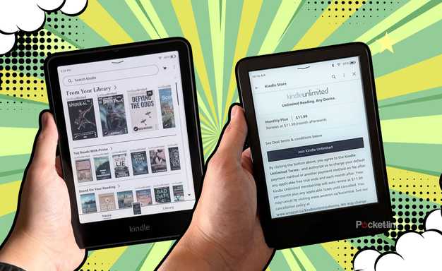 Two Kindles in hand. 