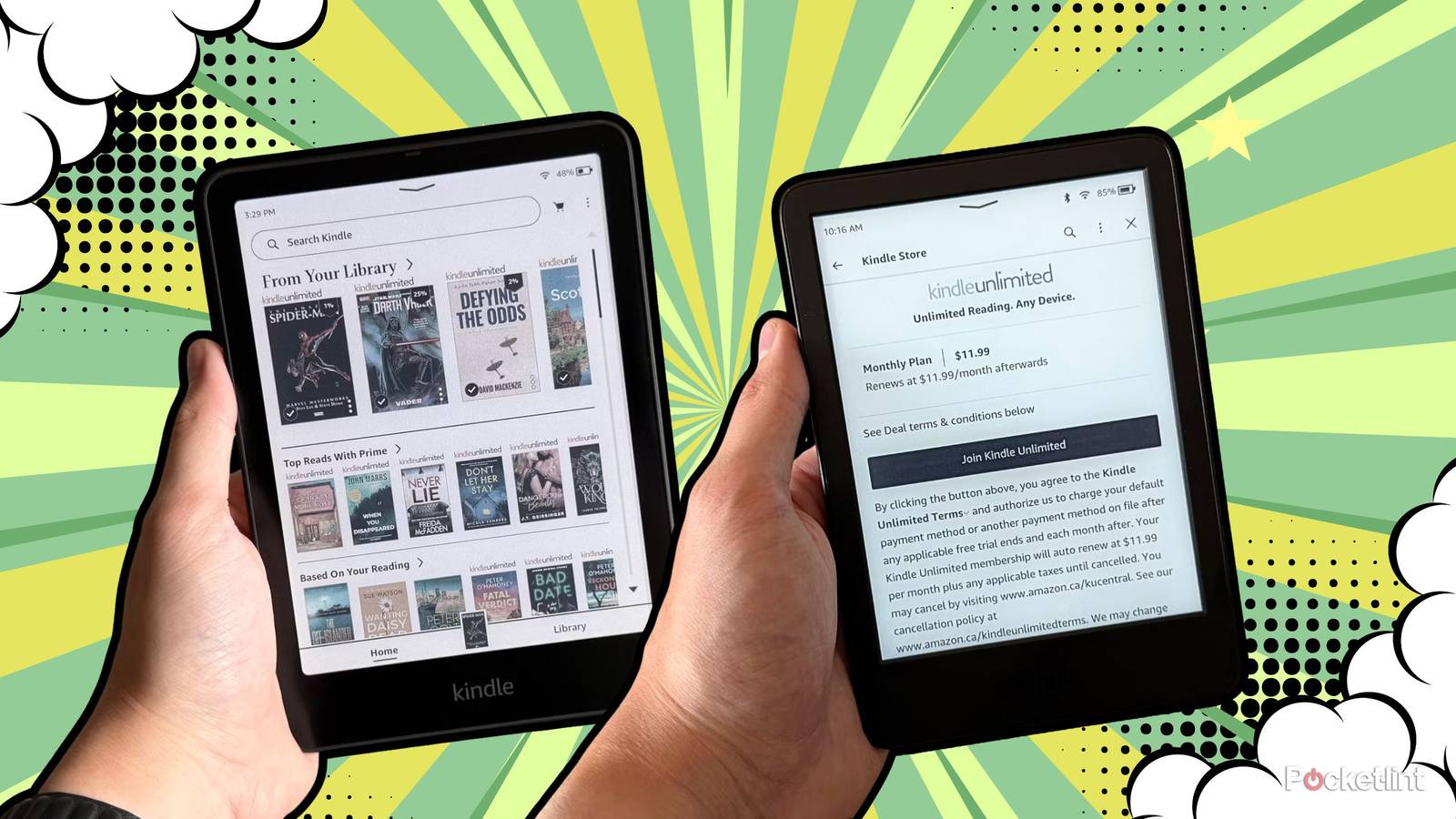 Two Kindles in hand. 