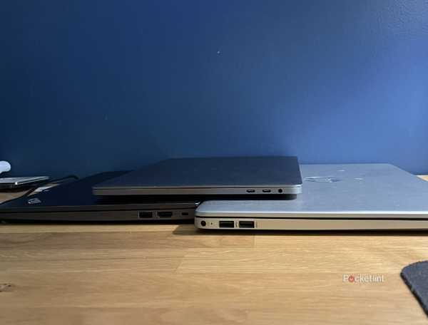 Lenovo, MacBook, and HP laptops showing their USB ports.