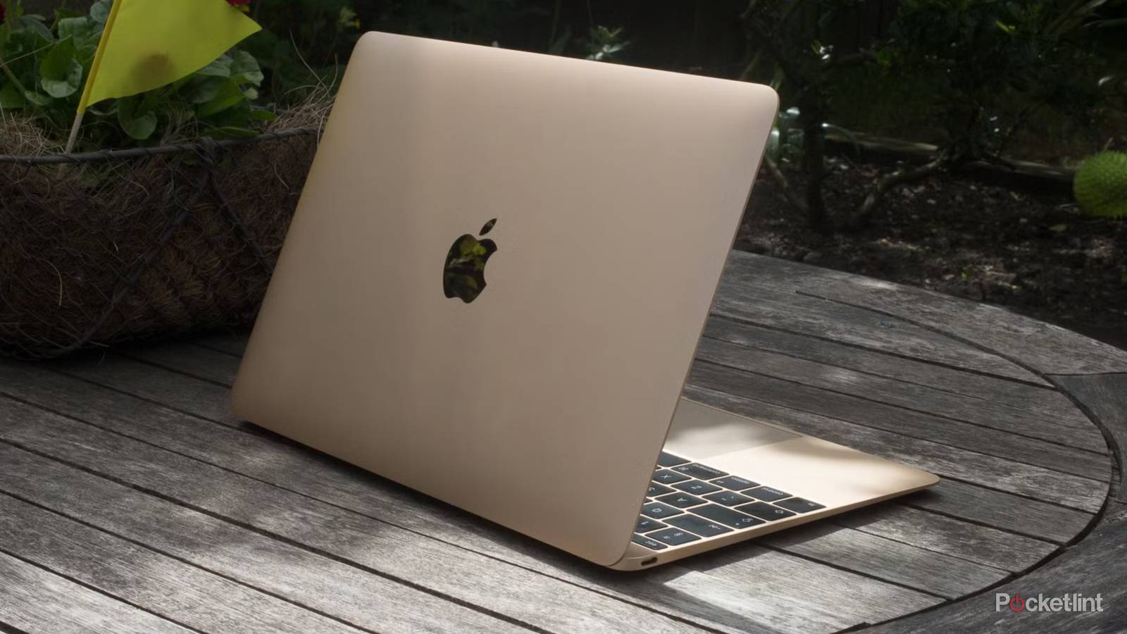 A gold 12-inch MacBook outside on a wooden table.