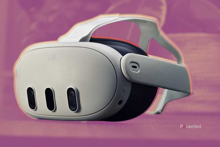 A Meta Quest 3 on a colorful background.