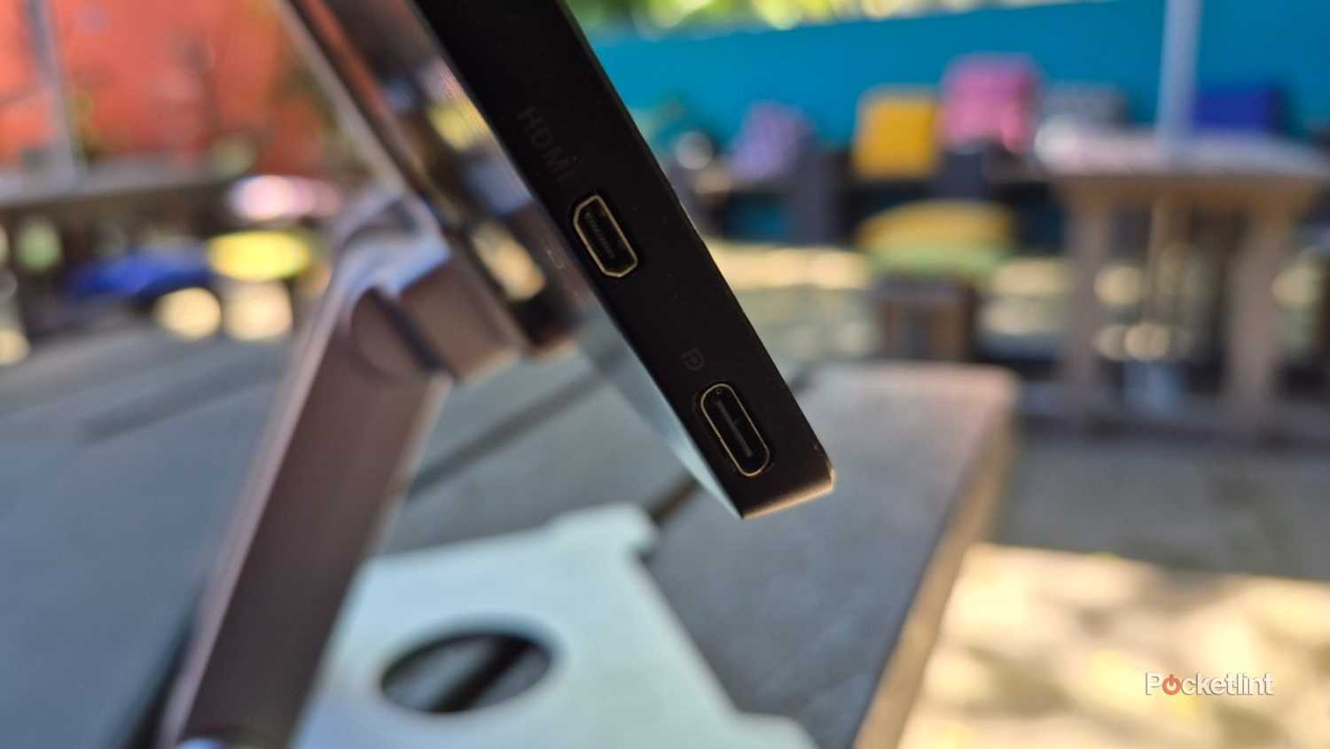 USB-C and mini-HDMI ports on an ASUS monitor. 