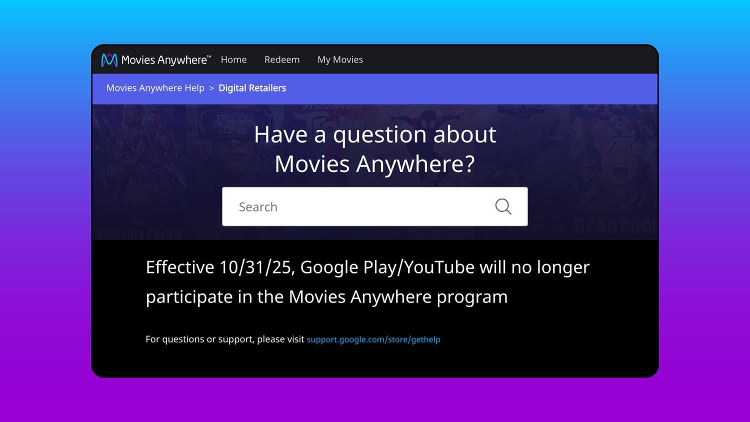 Movies Anywhere support page screenshot