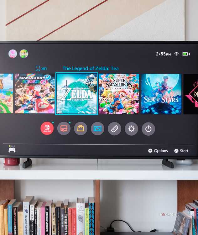 A Nintendo Switch OLED connected to a Samsung Frame TV