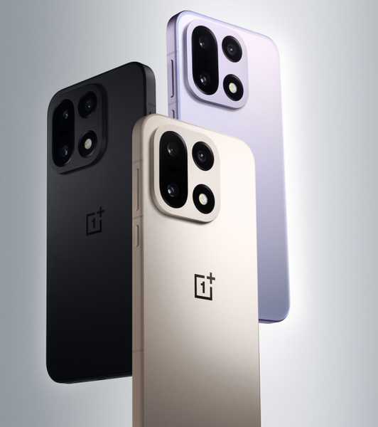 OnePlus 15 phone in purple, black, and sand storm.