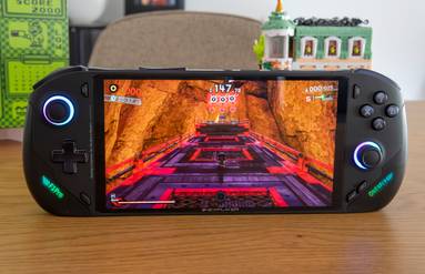 Front view of the OneXFly F1 Pro running Shadow Generations