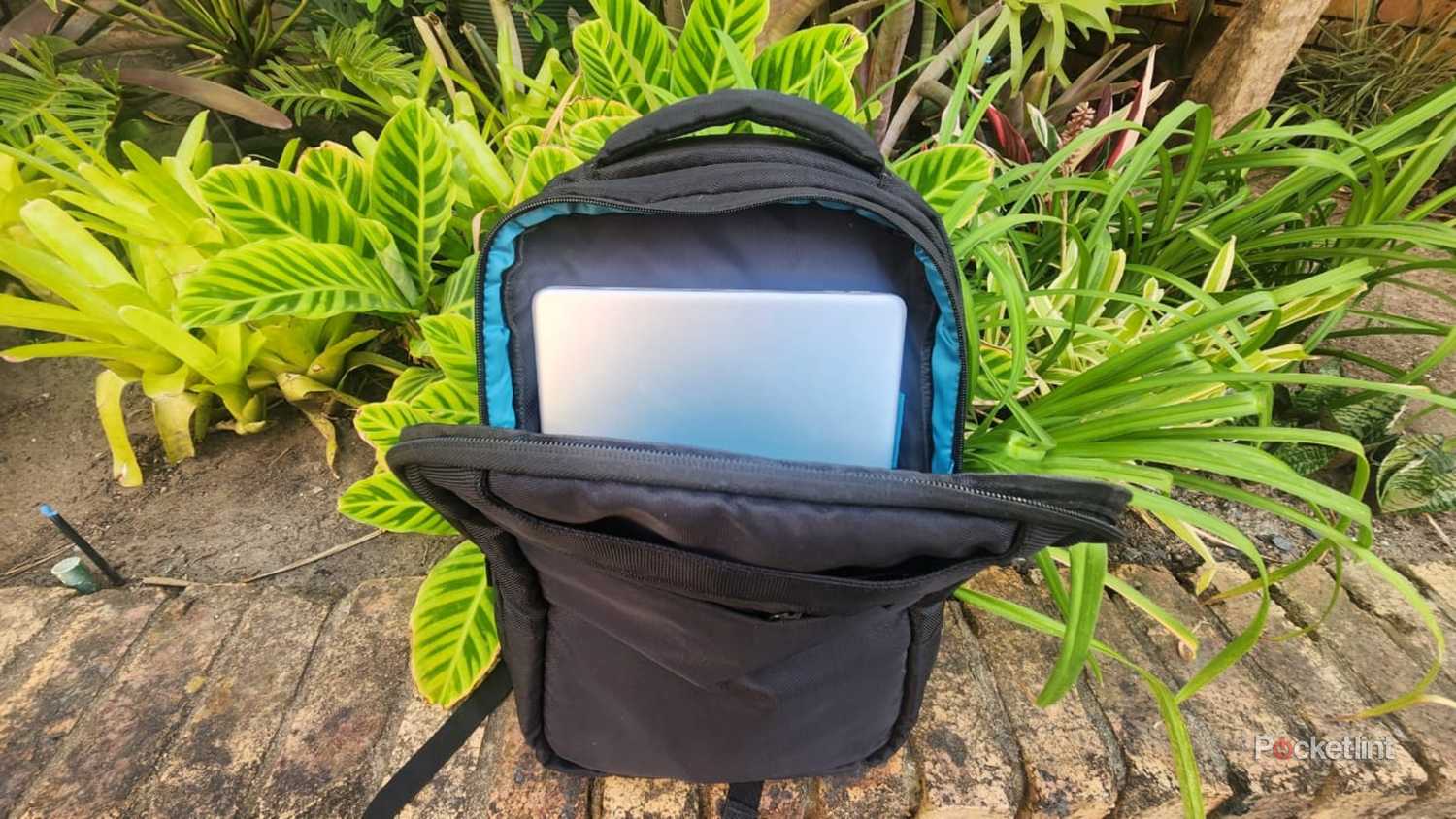 A laptop in a backpack.