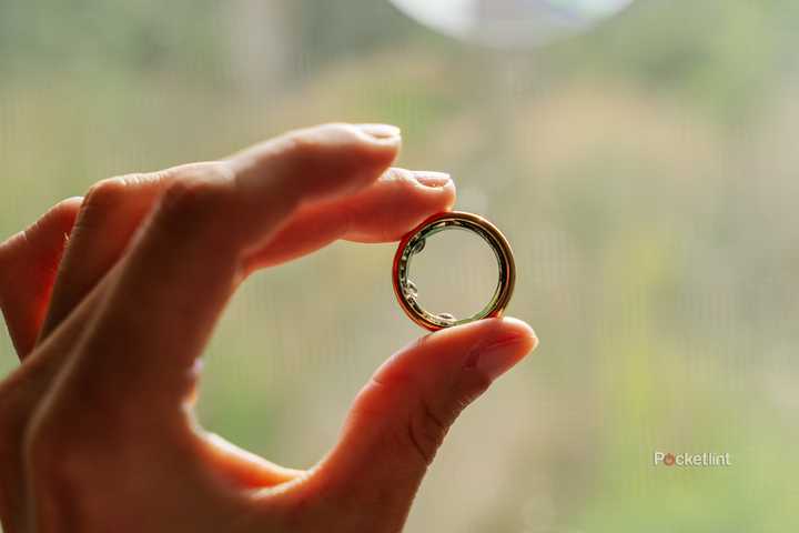A hand holds the Oura Ring 3 in front of a blurred green background. 