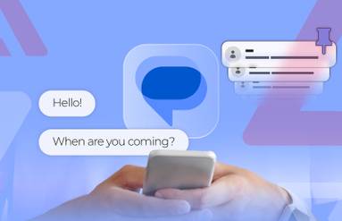 Person holding a smartphone with the Google Messages logo, chat bubbles, and pinned conversation icons above