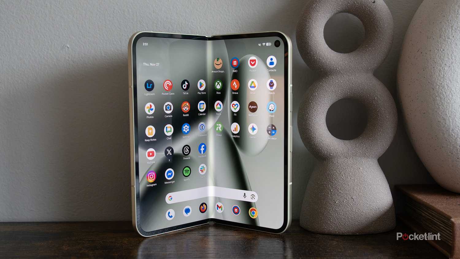 The Pixel 10 Pro Fold sitting on a desk 