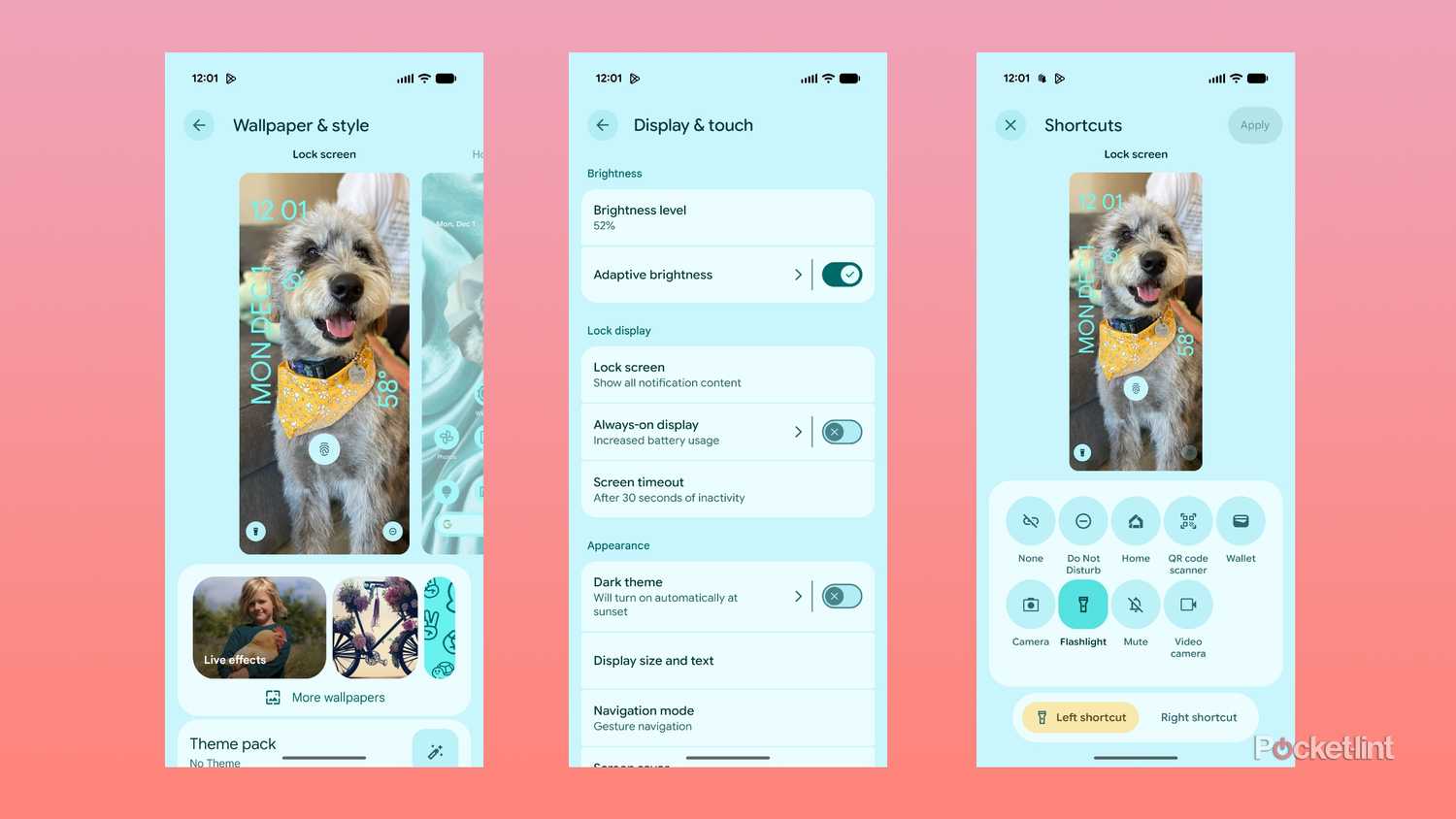 Three screenshots from Android 16 showing the lockscreen customization, shortcuts and settings screens.