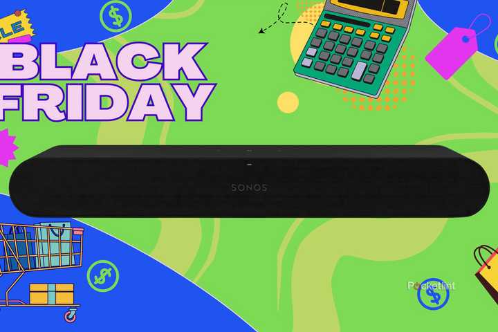 A black Sonos Ray on a green and blue Black Friday background.