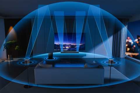 The TCL Q85H soundbar in a living room with illustrated sound cones.