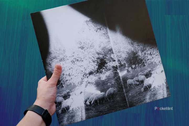 A Godspeed You Black Emperor record being held over a wooden floor