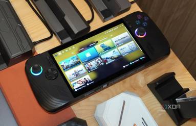 An Asus ROG Ally X surrounded by docking stations.