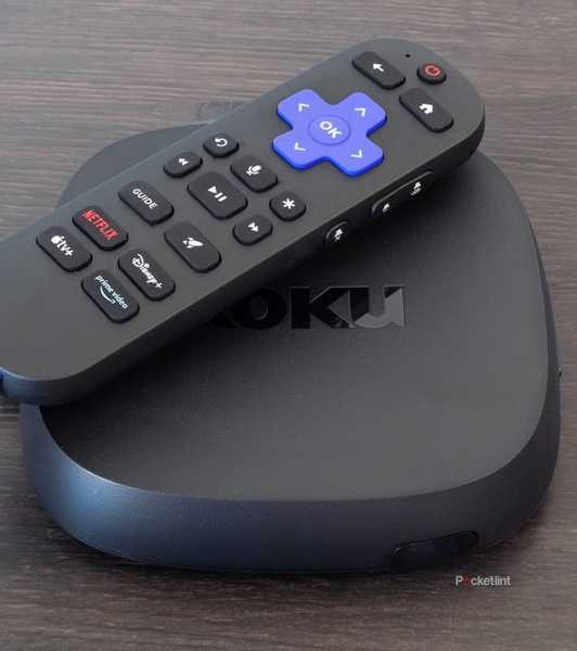 Roku Ultra and remote on table.
