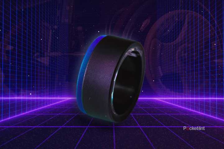 The Ultrahuman Ring Air on its side against a futuristic grid background. 